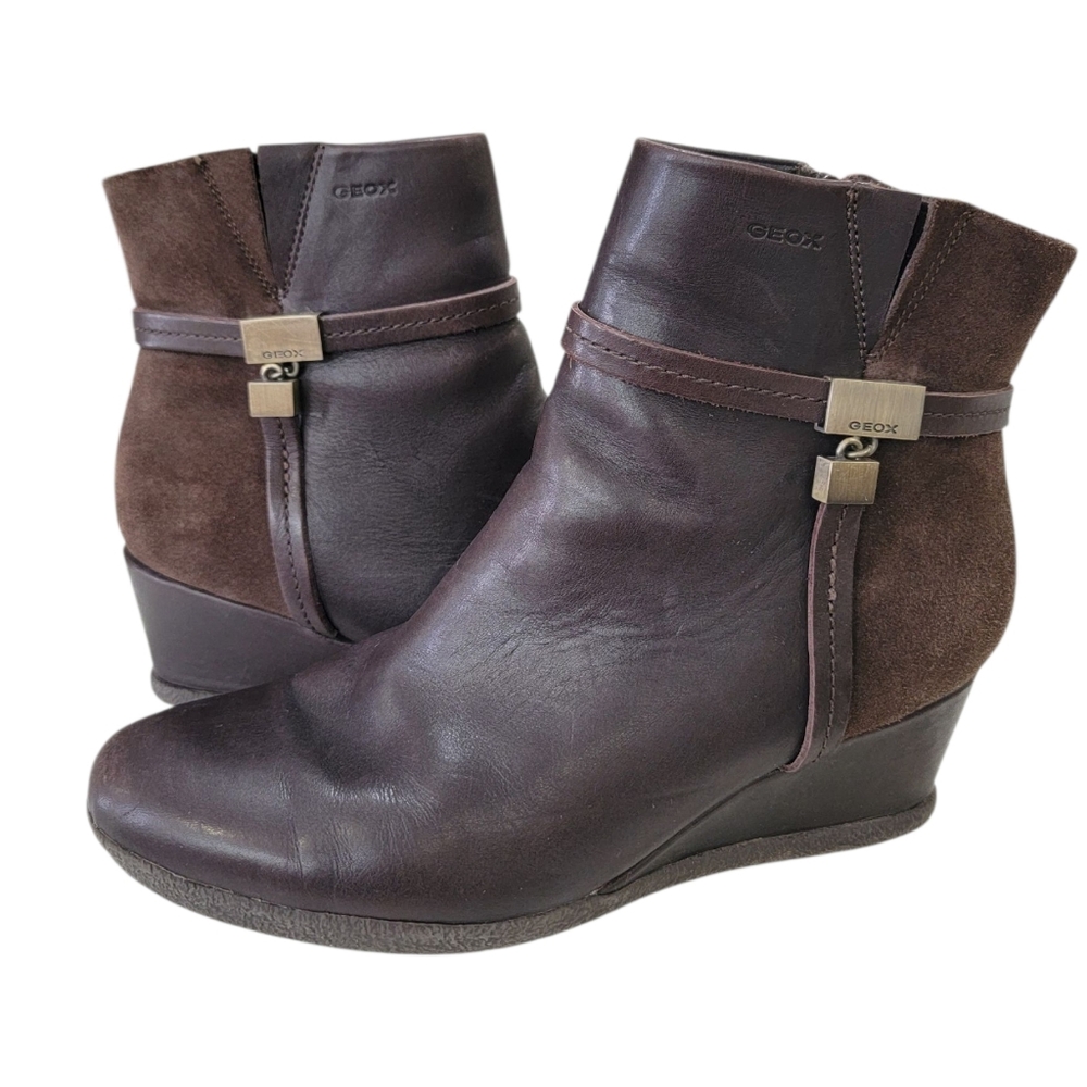 Geox Respira Amelia Brown Ankle Boots Suede Leather Wedge Booties Women’s 38.5